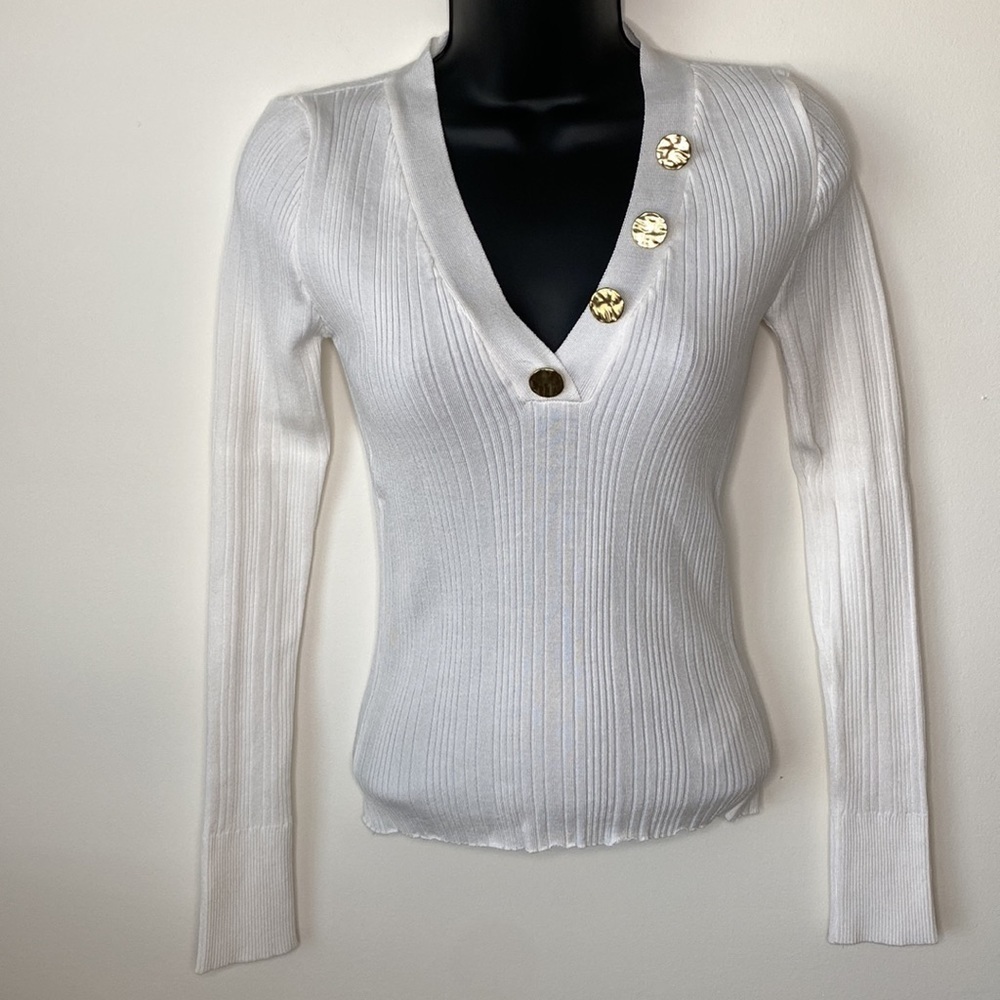 TOPSHOP White Ribbed Long Sleeve Top Gold Button Detail Size US 4-6